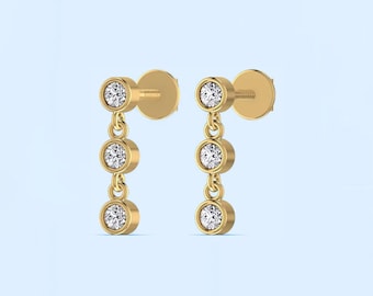 Diamond 3 station drop earrings, bezel diamond dangle drop earrings, bezel setting earrings, fine jewelry, silver/solid gold, wedding gift.