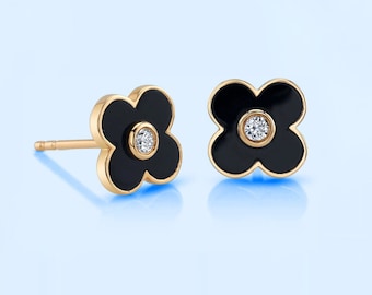 Clover diamond earrings, trendy earring, minimal stud earrings, black enamel clover ring, silver/gold studs,wedding anniversary gift for her