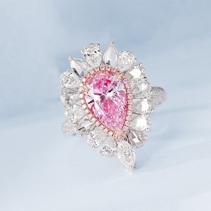 5.25 ct moissanite pear engagement ring, pink diamond ring, wedding anniversary ring, art deco ring, silver/gold ring, valentine ring gift.