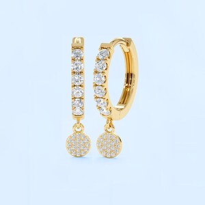 Diamond pave charm huggies, small dangling diamond hoop earrings, cute huggies, dangle drop earrings, gold earrings for women, gift for her.