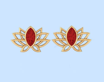 Diamond lotus earrings, Red garnet marquise studs, floral earrings, gold diamond earring, screw back earring, gift for her, minimal studs