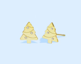 Christmas tree stud earrings, dainty gold earrings, Christmas gift for her, handmade jewelry, minimal tiny stud earrings, diamond earrings.