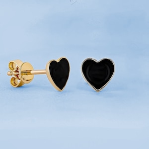 Heart shaped stud earrings for women, black enamel heart stud earrings, solid gold earrings, love heart earrings, birthday gift for her.