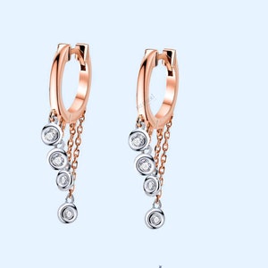 0.50 ct Moissanite Diamond Drop Chain Earrings, Silver/Gold Hoop Earrings, Unique Drop Earrings, Bezel Earrings, Anniversary gift for her.
