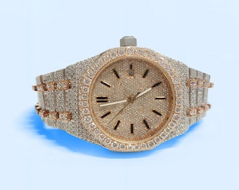 Luxury moissanite diamond watch, round cut iced out watch for men, handmade hip hop watches, bust down fully diamond watch, anniversary gift