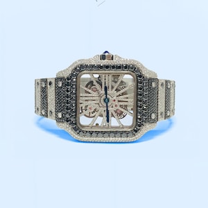 Iced out watch for men, skeleton dial stainless steel watch, Moissanite fully icy bust down watch, mens icy diamond watches, hiphop watch.