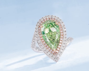 5.30ct Vivid Green Pear Moissanite Engagement Ring, Art Deco Style