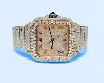 Moissanite watch, diamond watch, iced out watch, hip hop watch, luxury watch, automatic watch, watches for men, square dial watch for men.