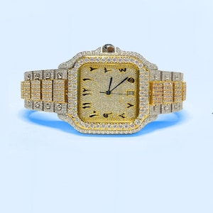 Moissanite watch, diamond watch, iced out watch, hip hop watch, luxury watch, automatic watch, two tone watche for men, square dial watch.