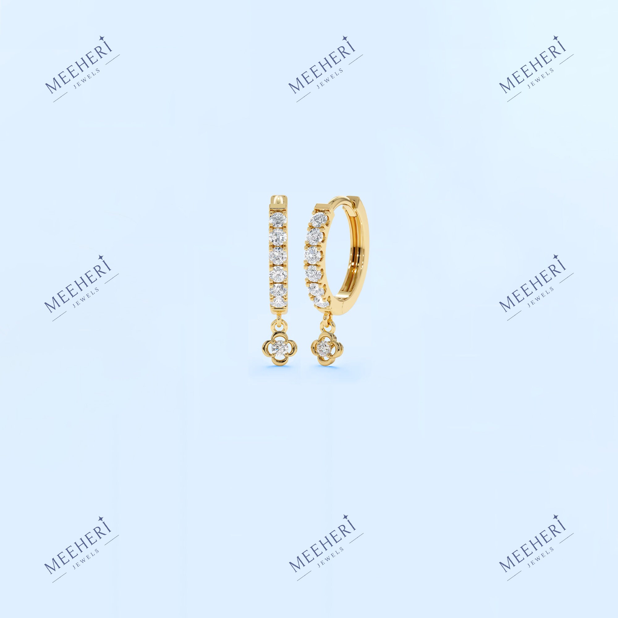 Diamond Flower Clover Drop Earrings, Dangle Drop Gold Earrings, Clover ...