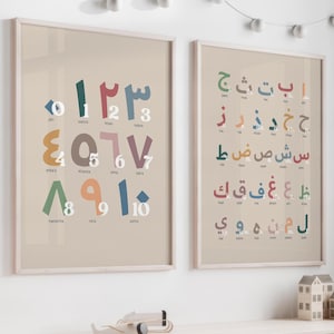 Islamische Kinderbildungs Wandkunst - Arabische und englische Alphabete und Zahlen - Muslimische Kinder lernen Druck - Islamische Kinderzimmer Dekoration