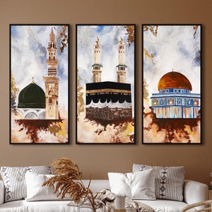 3 Holy Mosque, Kaaba Mecca, Masjid an-Nabawi Medina, Al Aqsa, Islamic Poster Muslim Wall Art, Dome of the Rock, Islamic Wall Decor