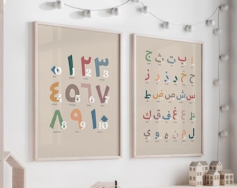 Islamic Alphabet Numbers Wall Art Poster Set, Arabic Learning Kids Playroom Decor, Neutral Muslim Nursery Educational Classroom Prints