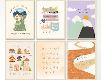 May include: Set of six colorful Islamic-themed nursery prints with various designs, including a keyhole with a house, mountains, Arabic alphabet, and a house with a birdhouse. The prints feature text in Arabic and English.