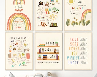 Set of 6 | Motivational Islamic Quote Boho Nursery Wall Art | Islamic Alphabet Number Posters | Islamic Kids Room Decor | Rabbi Zidni Ilma