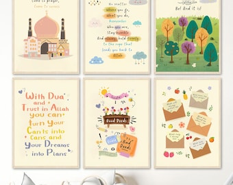 Islamic Nursery Art Prints Set, Pastel Muslim Kids Room Decor, Cute Mosque Playroom Wall Art, Kun Fayakun Quran Reminder Poster Gallery