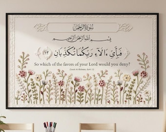 May include: A framed artwork featuring Arabic calligraphy and English text, with a floral border. The text reads, "So which of the favors of your Lord would you deny?" The artwork is displayed above a wooden dining table, creating a serene and decorative piece.