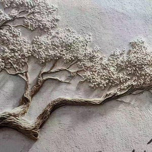 May include: A textured, light-colored wall relief depicting a stylized tree with a thick, curving trunk and branches laden with detailed foliage. The artwork has a three-dimensional effect, with the tree's form standing out from the background.