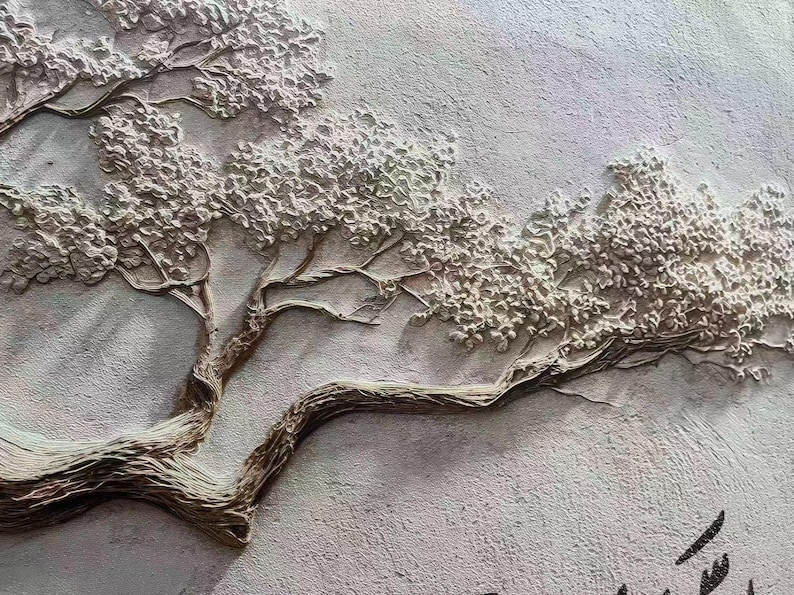 May include: A textured, light-colored wall relief depicting a stylized tree with a thick, curving trunk and branches laden with detailed foliage. The artwork has a three-dimensional effect, with the tree's form standing out from the background.
