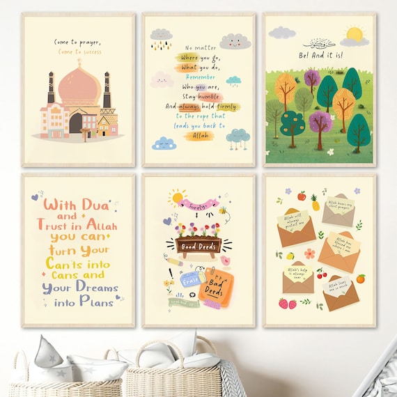 Islamic Nursery Art Prints Set, Pastel Muslim Kids Room Decor, Cute Mosque Playroom Wall Art, Kun Fayakun Quran Reminder Poster Gallery