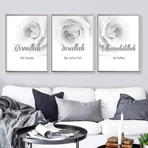 Lot de 3 tableaux toile calligraphie islamique moderne Ayat Al-Kursi-Motif marbre du Coran-Décoration murale sans cadre 50x70cm - Maison