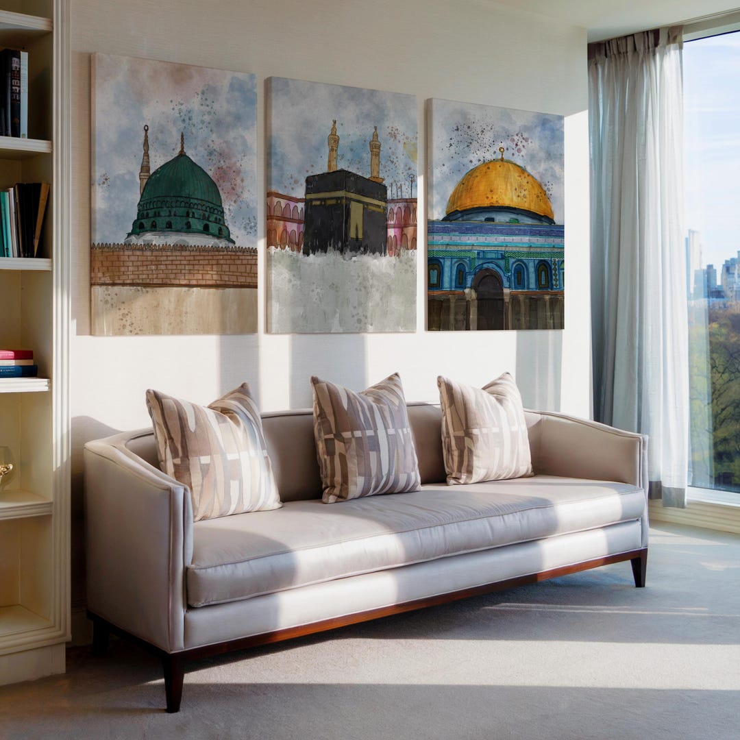Islamic Wall Art Set | Three Holy Mosques Watercolor Canvas Painting - Etsy