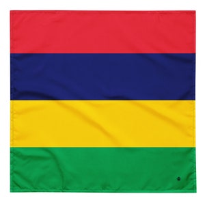May include: A flag of Mauritius with red, blue, yellow, and green horizontal stripes. The flag has a small red and yellow emblem in the bottom right corner.