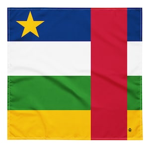 May include: The flag of Central African Republic, a horizontal tricolor of blue, white, and green with a yellow star in the blue canton, and a vertical red stripe on the hoist side.