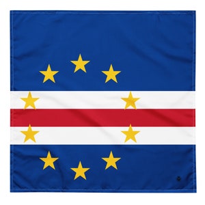 May include: A blue flag with a red and white horizontal stripe in the center. Five yellow stars are arranged in a semi-circle at the top of the flag, and five more yellow stars are arranged in a semi-circle at the bottom of the flag.