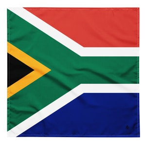 May include: The flag of South Africa, featuring a green, black, and gold triangle on a red, white, and blue background.