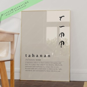 Può includere: Una stampa d'arte da parete beige stampabile con una cornice dorata. La stampa presenta la parola "tahanan" in testo nero, definita come un santuario dove troviamo conforto, appartenenza e amore. La stampa include anche un simbolo nero stilizzato.
