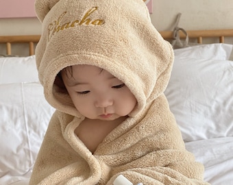 Serviette à capuche brodée à la main prénom ours pour enfants/cadeau de naissance pour bébé, couverture à capuche, serviette à capuche, baby shower, marron,