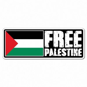 May include: A black and white sticker with the Palestinian flag and the text "FREE PALESTINE" in white letters.