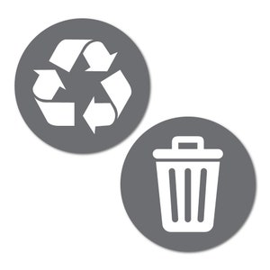 May include: Two gray circular stickers with white icons. The first sticker has a white recycling symbol with arrows. The second sticker has a white trash can icon.