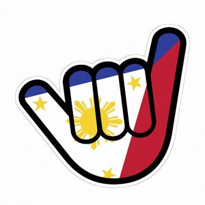 May include: A black and white hand gesture in the shape of a shaka, with the colors of the Philippine flag. The hand is outlined in black and has a white background with a yellow sun and three stars. The thumb and pinky finger are extended, while the other fingers are curled.