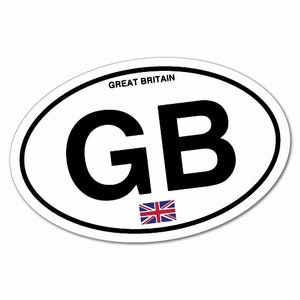 May include: White oval sticker with the text "GREAT BRITAIN" and the letters "GB" in black. A small Union Jack flag is below the letters.