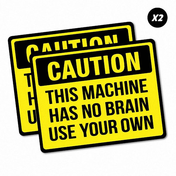 2x Caution No Brain Funny Warning Sticker Decal Humor Playful Laughter Amusing Vibrant Colors Durable Long-Lasting Adhesive Backing
