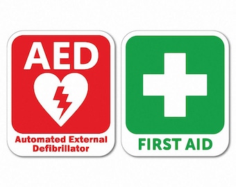 May include: Two square signs with rounded corners. The left sign is red with a white heart containing a lightning bolt and the text "AED Automated External Defibrillator". The right sign is green with a white cross and the text "FIRST AID".