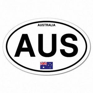 May include: White oval sticker with black text "AUS" and the word "AUSTRALIA" above it. The Australian flag is below the text.