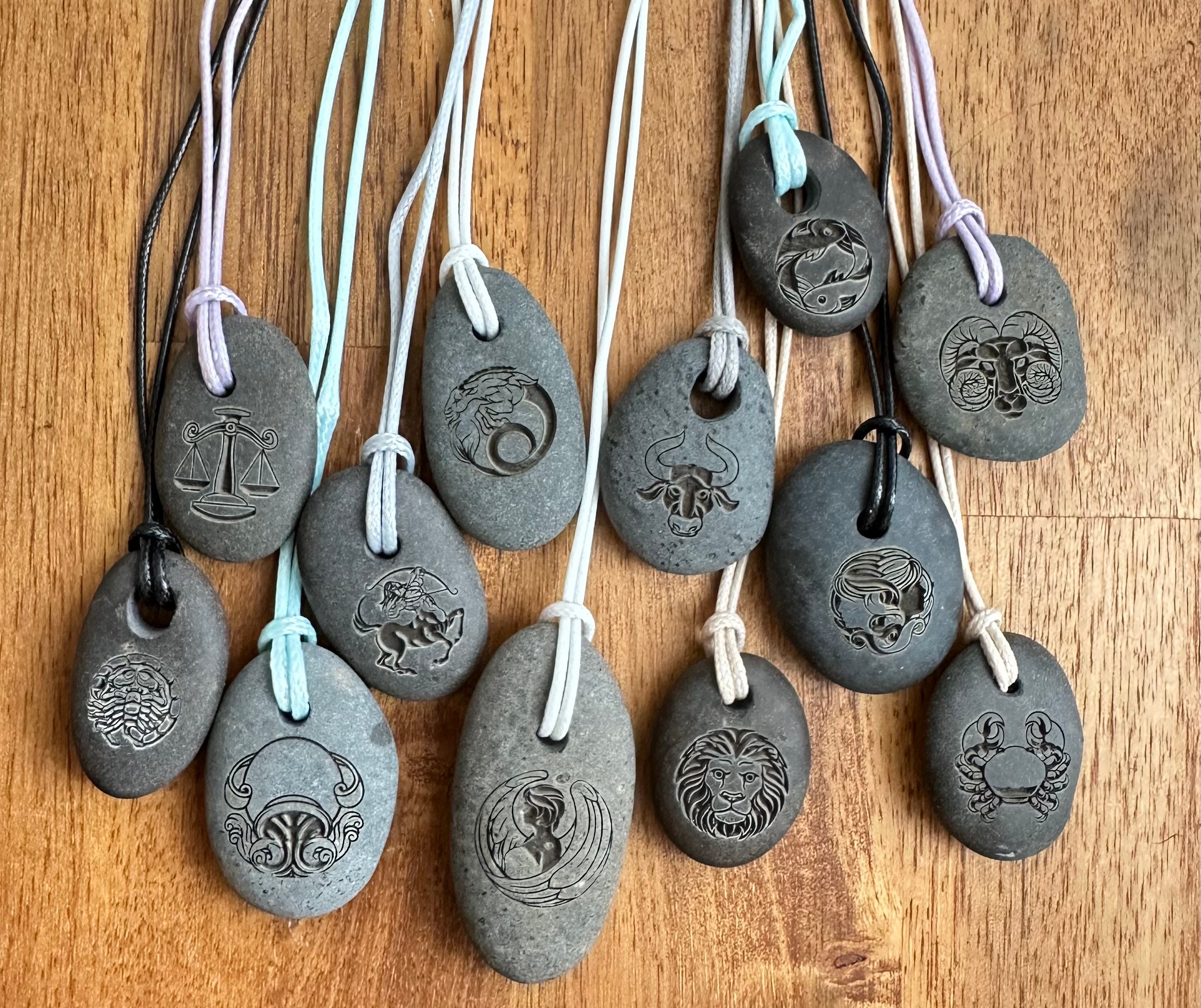 Engraved Zodiac Stone Pendant, Astrology Gift, Engraved