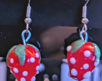 Strawberries, realistic glass bead Earrings, with dangling Fishhook style  fasteners.