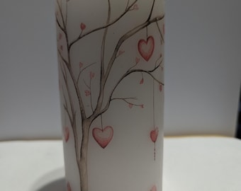 Elegant Valentine's Tree with Dangling reddish Hearts Pillar Candle: 6" Inch white unscented Wax-on-Wax Deco