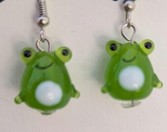 Frog Earrings "Glass": Green Hypoallergenic Fishhook Dangle Earrings