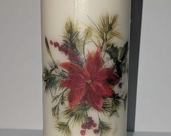 Poinsettia med Decoupage Pillar Candle: 5.5" Unscented Holiday Decor
