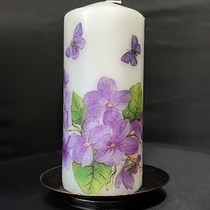 Lilac Flowers Wax infused Tissue Decoupaged on to White Pillar Candles
