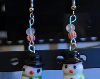 Snowman Earrings, various Glass and Crystal beads used, dangling Fishhook style earrings.