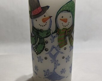Snowman, Mr & Mrs Snowman Pillar Candle: 6 Inch Decoupage Holiday Decoration