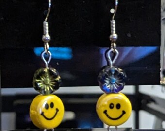 Happy Face Ceramic Bead Earrings: Flower Glass Bead, Hypoallergenic Fishhook