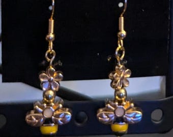 Bee "Realistic" Dangle Earrings: Metal and Glass Beads