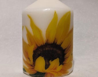 Handmade Decoupage Sunflower Candle: Elegant Floral Centerpiece